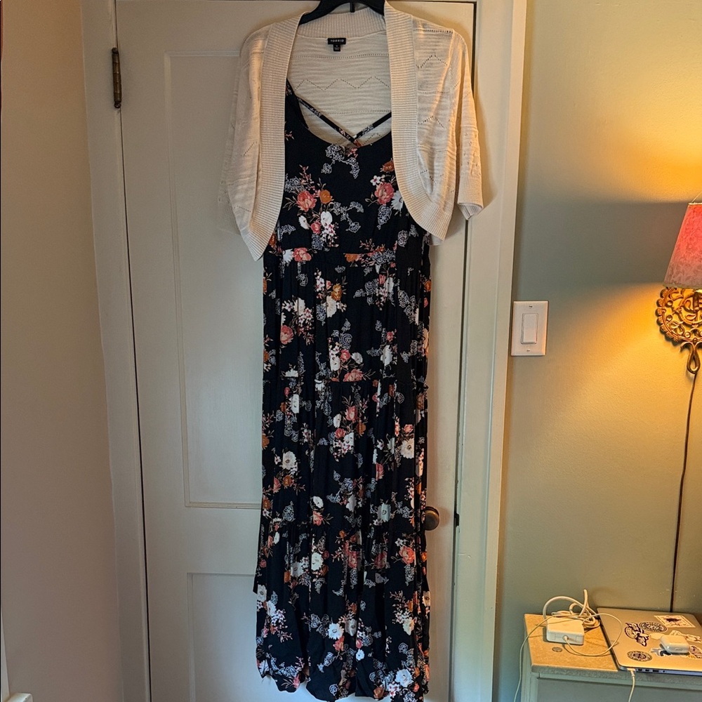 Floral Black Maxi Dress sz 2 with cream sweater Shrug Sz 1Only worn a few times.